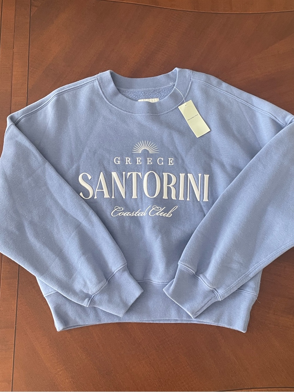 Abercrombie & Fitch Embroidered Santorini Cropped Crewneck in Light Blue